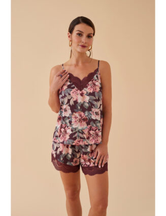 Ensemble 2 pièces en satin prune florale