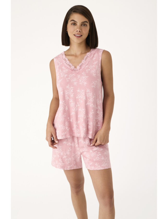 ENSEMBLE-PYJAMA-SHORT-ET-T-SHIRT -SANS-MANCHES-ROSE