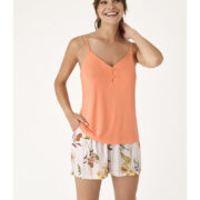 Pyjama-2-pièces- short-et-haut- débardeur- orange-à-motifs