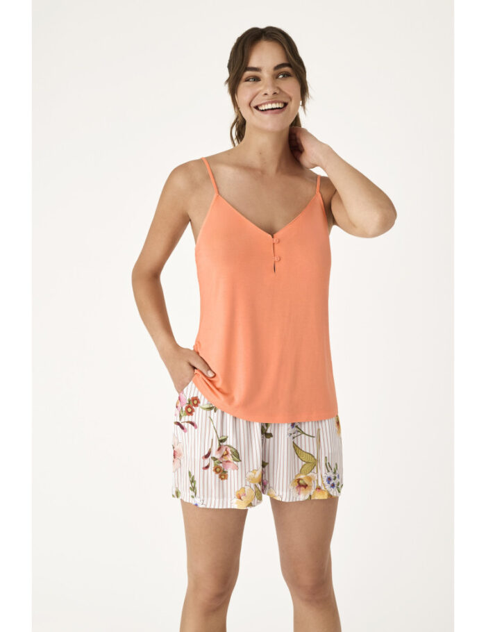 Pyjama-2-pièces- short-et-haut- débardeur- orange-à-motifs