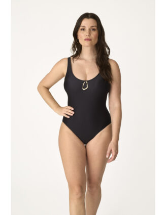 Maillot de bain 1 pièce amincissant  tissu jacquard noir et doré